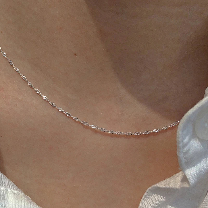 50cm 925 Sterling Silver Sparkling Water Wave Chains Necklace Smooth Choker