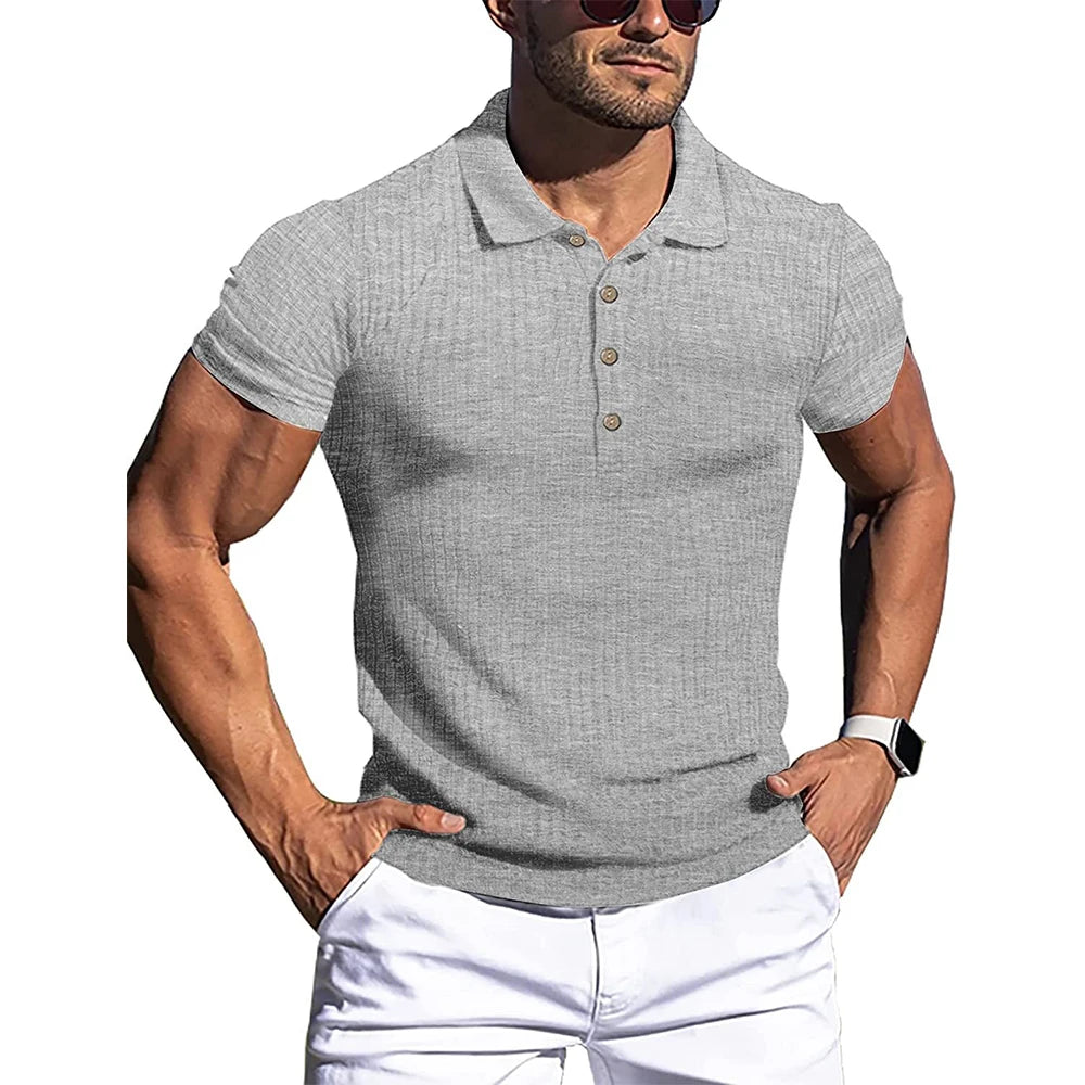 Summer Polo Mens Solid Stripe Fitness Elasticity Short Sleeve Polo Shirts