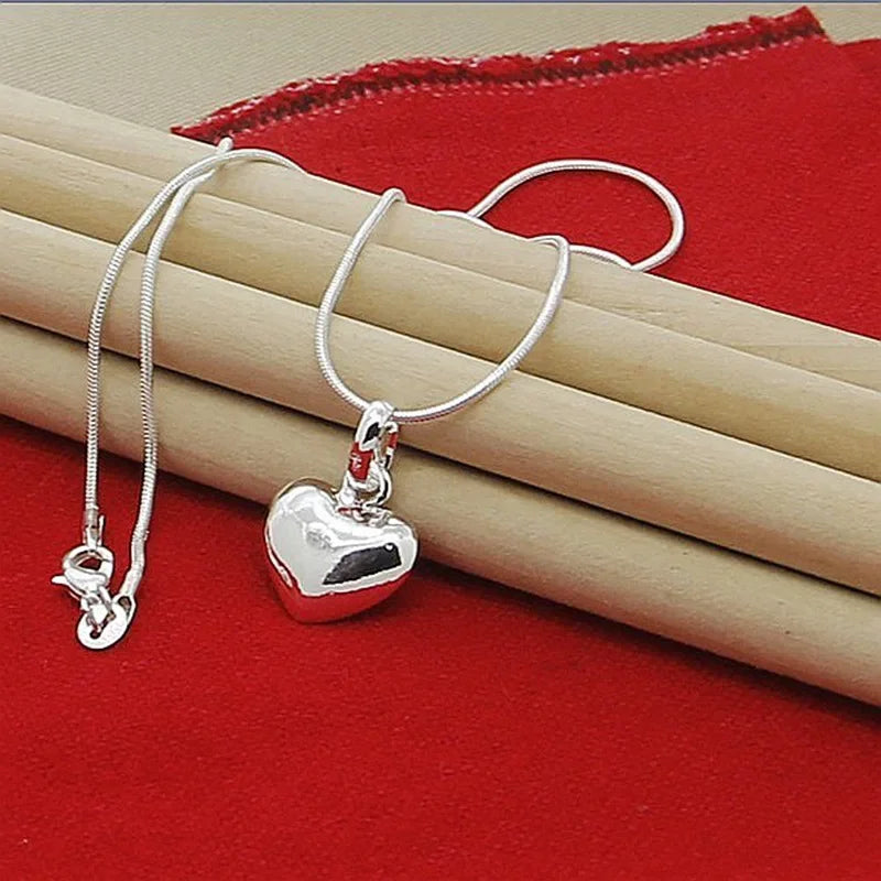 Fine 925 Sterling Silver Solid Heart Necklace Snake Chain For Women