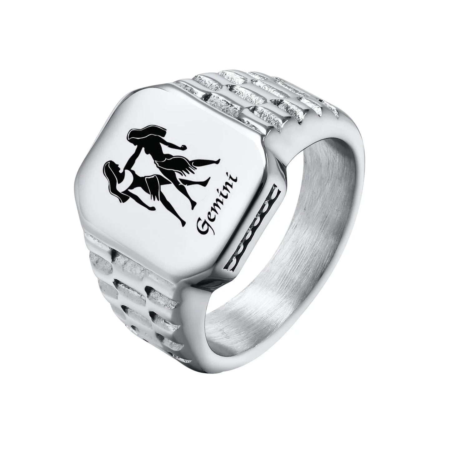 12 Zodiac Signet Stainless Steel Mens Rings