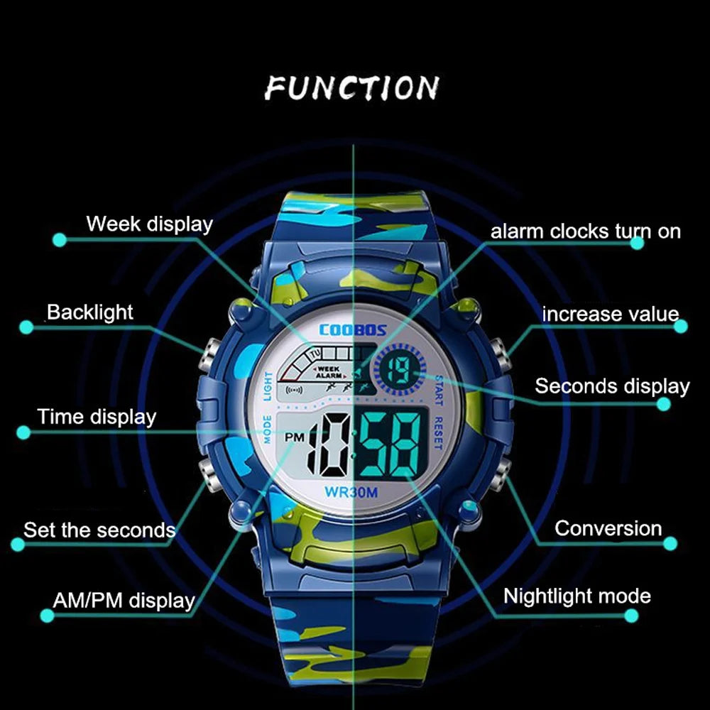 Kids LED Digital Watch Camouflage Sports  Waterproof Multifunction