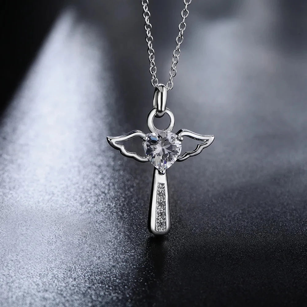 925 Sterling Silver Women Angel Crystal Cross Pendants Chain Neckalce