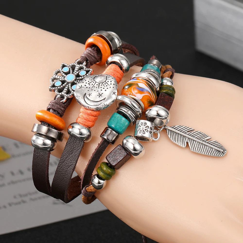 Vinatge Gothic Punk Moon Star Metal Multilayer Leather Bracelet