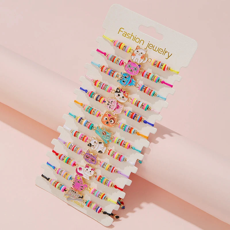 12pcs Cute Cat Rope Rainbow Unicorn Charm Girls Kids Bracelets