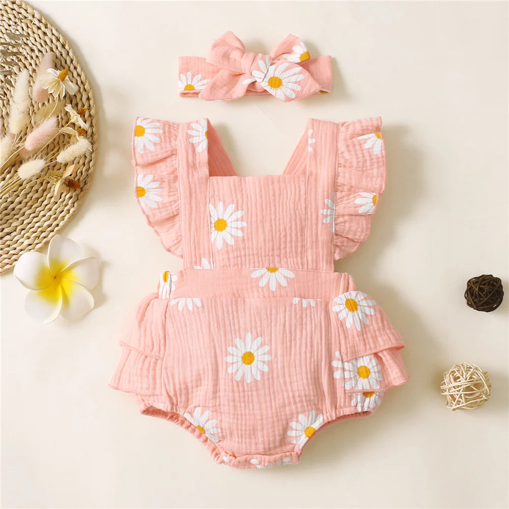 Infant Baby Girl Romper Ruffle Sleeveless Newborn Bodysuit with Headband