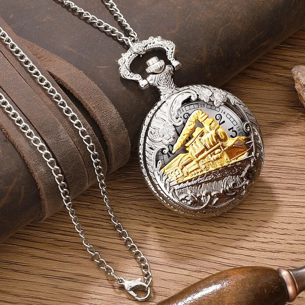 Steam Train Design Pocket Watch Chain Necklace