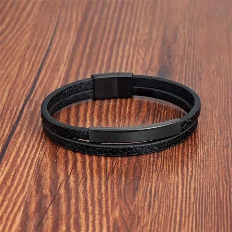 Simple Style Mens Black Genuine Leather Bracelet