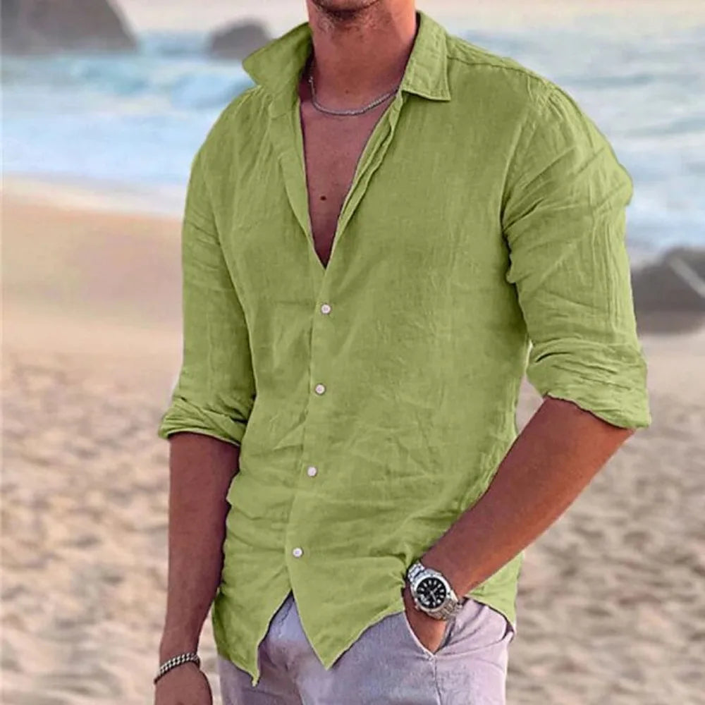 Mens Shirt Cotton Linen Fashion Casual Polo Neck Beach Shirts