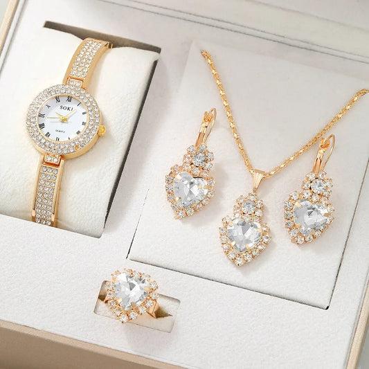 Dainty Quartz Watch With Necklace Earrings Ring Set