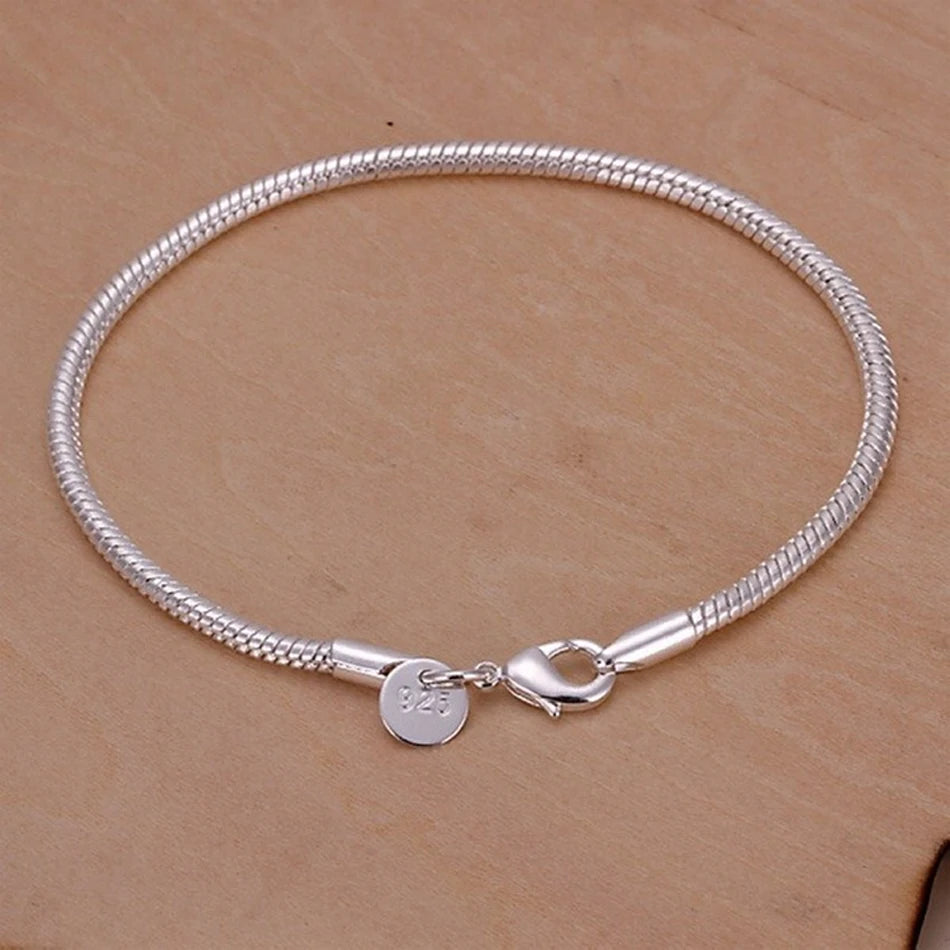 925 Sterling Silver 3MM Snake Chain Bracelets Charm for Women