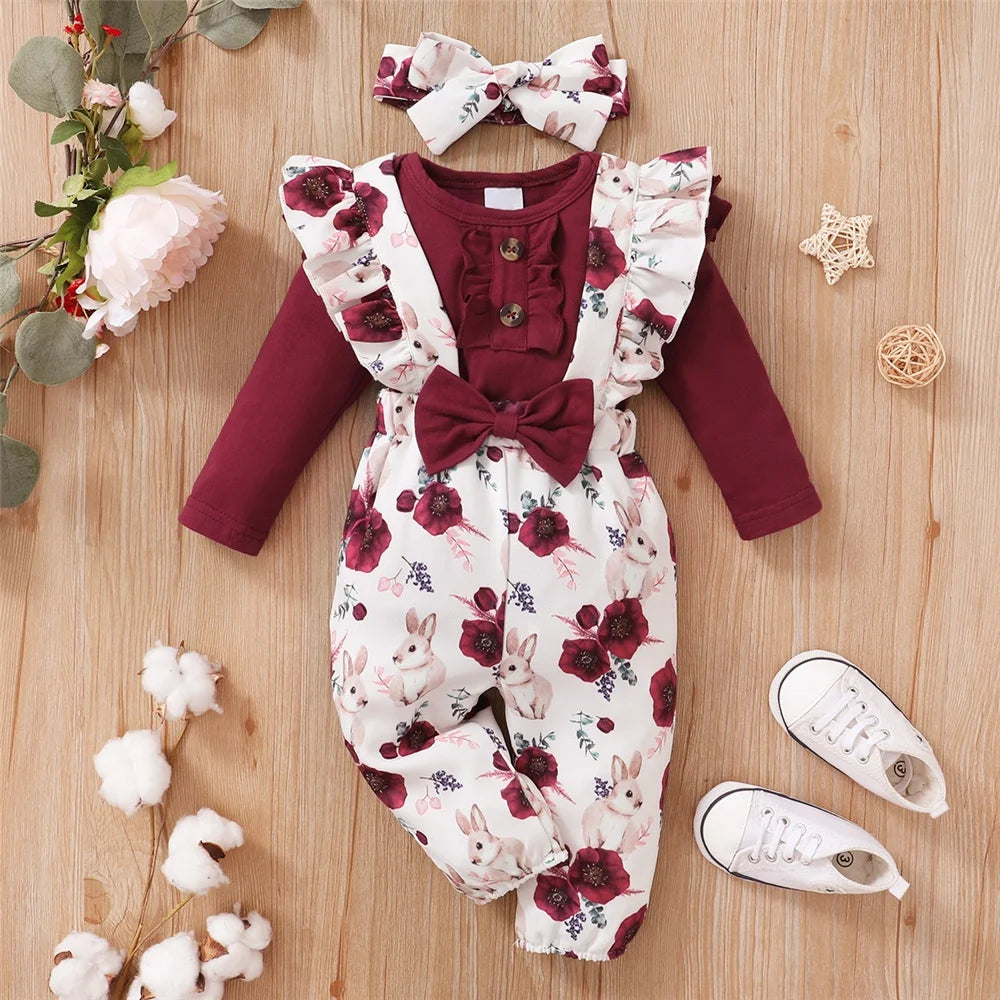 Baby Girl Clothes Set Red Color Long Sleevs Bodysuit Flower Strap Pants Set