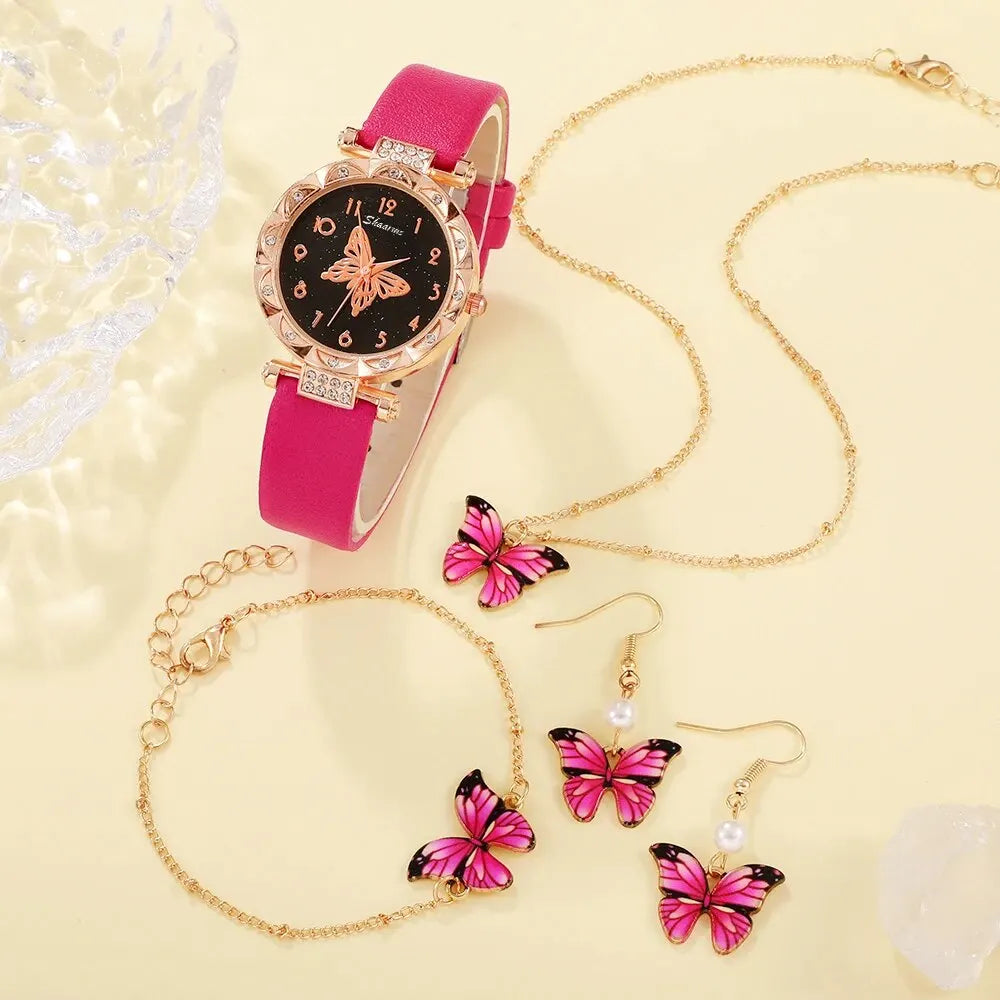 Womens Fashion Quartz Watch Butterfly Design Earrings Necklace Bracelet Set