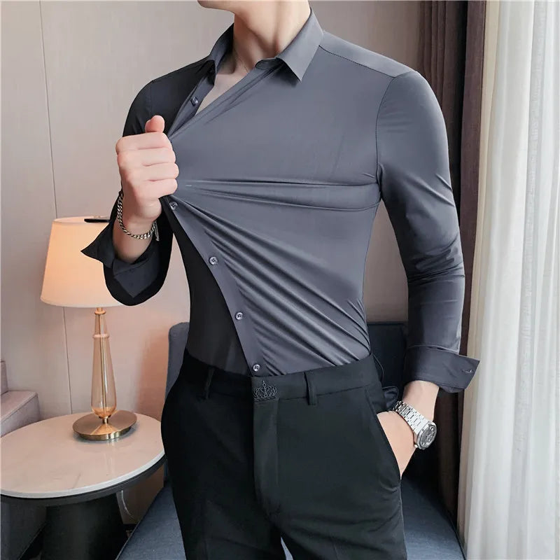 High Elasticity Shirts Mens Long Sleeve Slim Casual Shirt