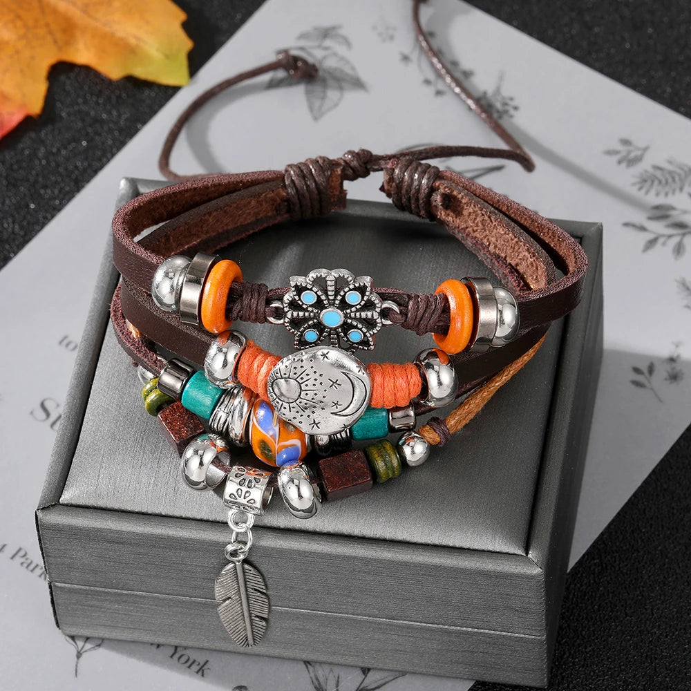 Vinatge Gothic Punk Moon Star Metal Multilayer Leather Bracelet