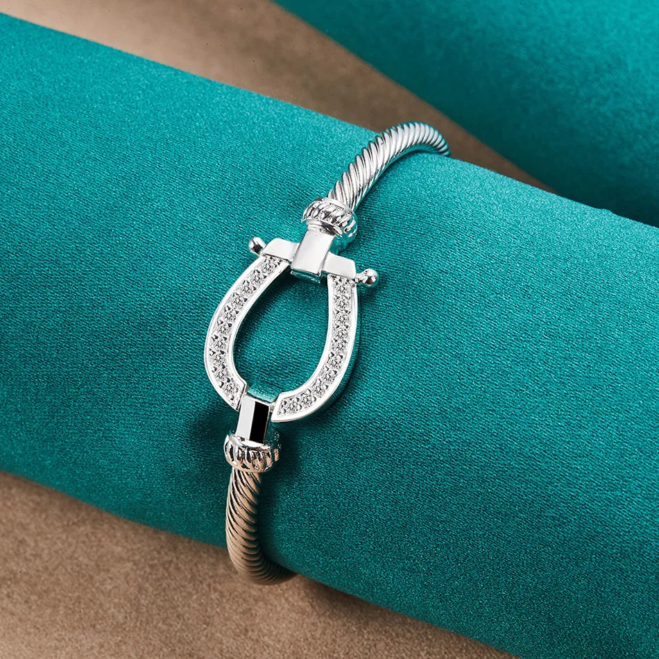 925 Sterling Silver Horseshoe Buckle Bangle For Women