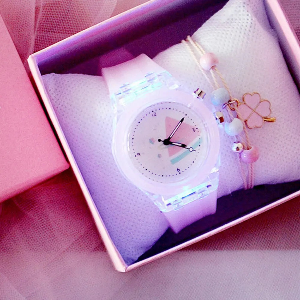 Girls Kids Children Luminous Student Colorful LED Light Quartz Watch