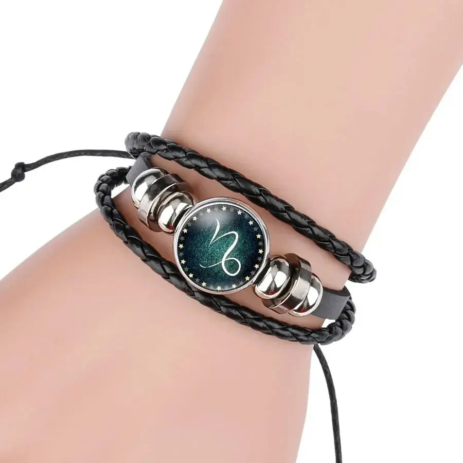 Luminous 12 Constellation Artificial Gemstone Rope PU Leather Bracelet