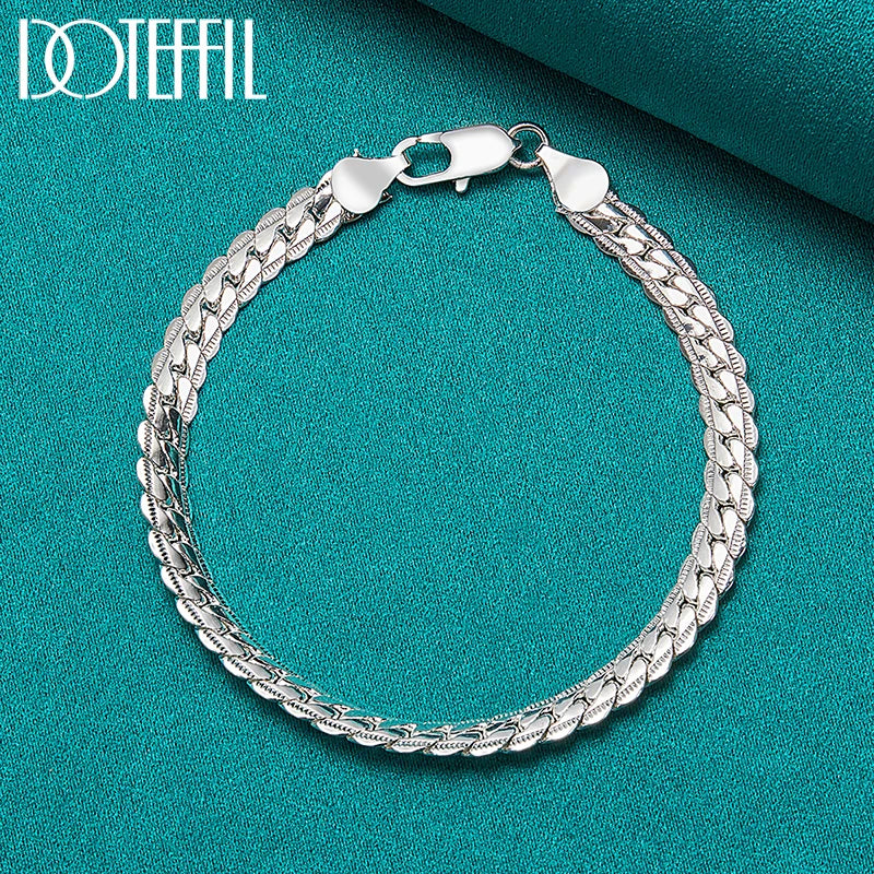 925 Silver Bracelet 6mm Flat Side Chain Lobster Clasp For Woman Man