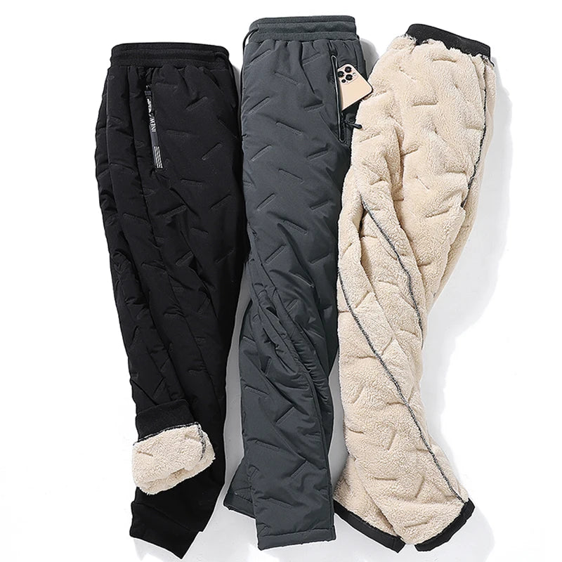 Winter Zip Pockets Thicken Fleece Men Water Proof Thermal Trousers