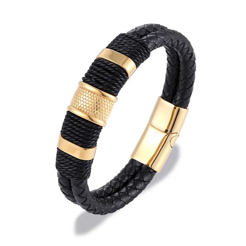 Punk Men Braided Leather Stainless Steel Magnetic Buckle Bracelet