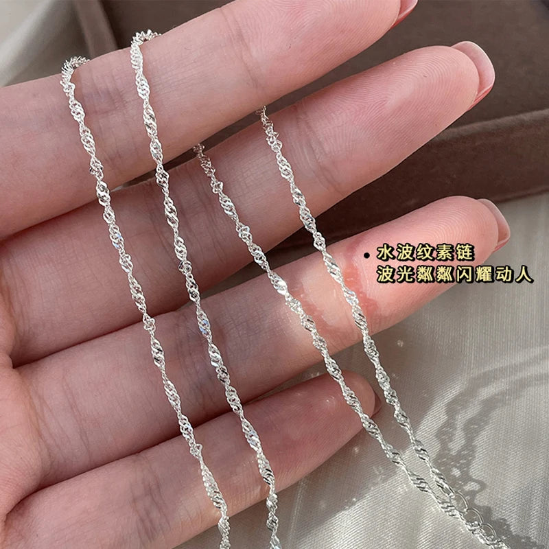 50cm 925 Sterling Silver Sparkling Water Wave Chains Necklace Smooth Choker