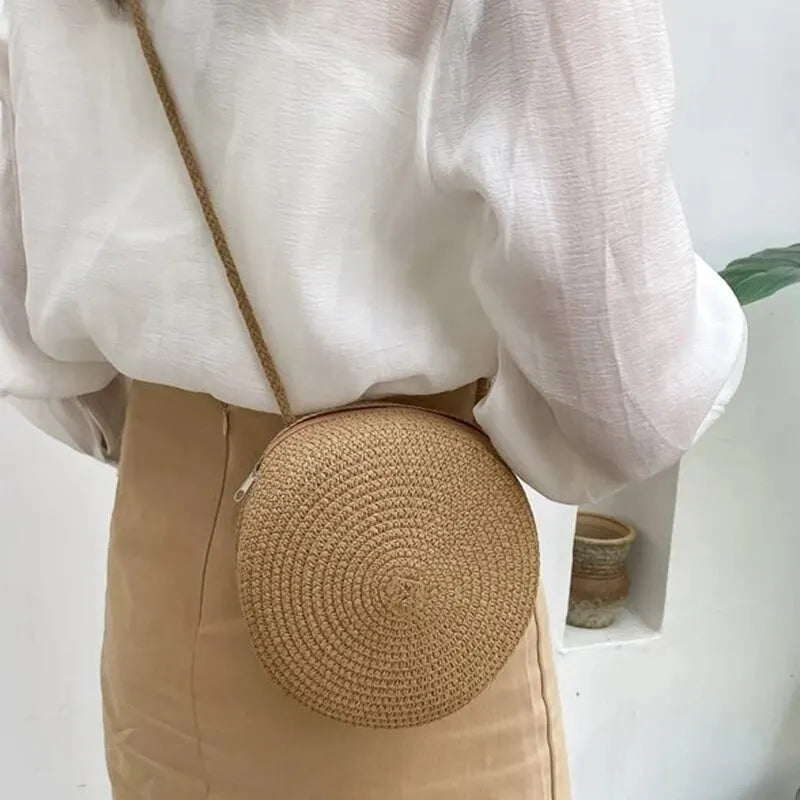 Womens Straw Bag Round Crossbody Purse