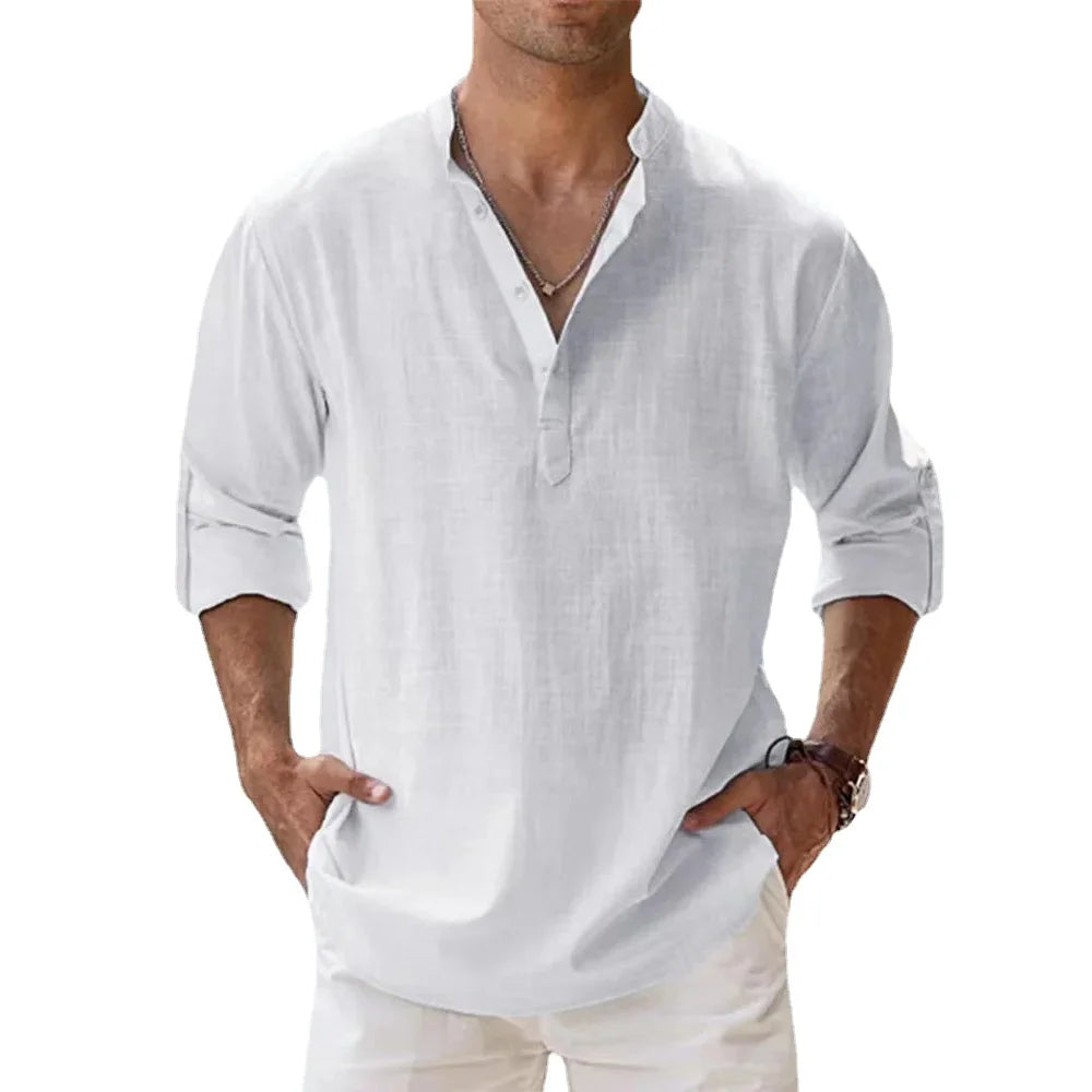 Cotton Linen Shirts for Men Lightweight Long Sleeve Henley Beach Shirts